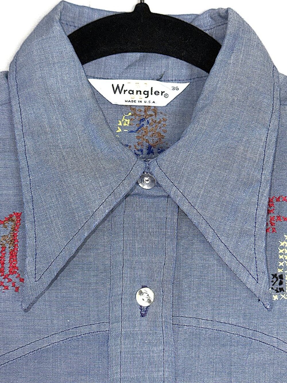 VTG Wrangler Chambray Embroidered Bicentennial Eagle 1776-1996 Button Shirt 36 - Picture 5 of 15
